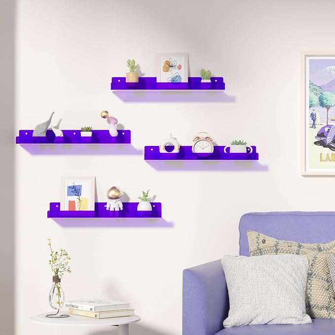 upsimples Acrylic Shelves for Wall Decor, 15" Display Shelf Perfume Organizer for Bathroom, Bedroom, Living Room, Floating Bookshelves for Kids, Clear Purple, 4 Pack - Image 2
