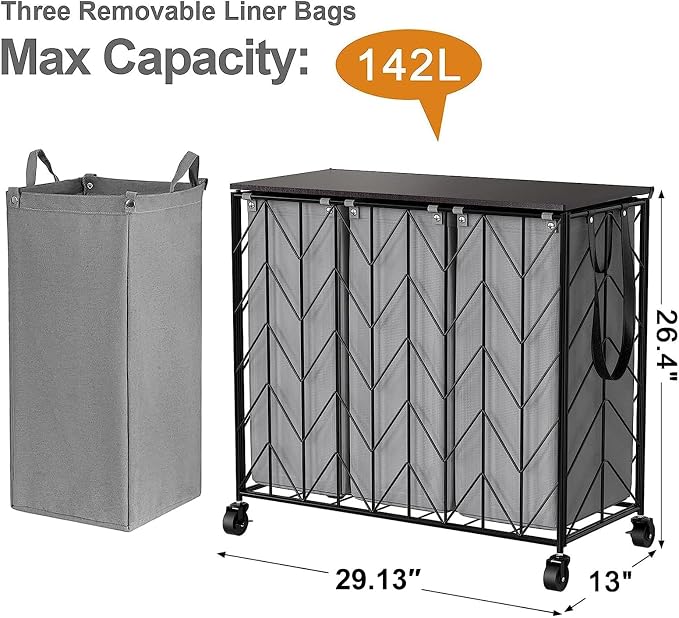 WOWLIVE Laundry Basket with Wheels, 142L Hamper 3 Section with Lid, Dirty Clothes Hamper with Removable Bags, Large Capacity Iron-Made Organizer Laundry Sorter for Dorm, Grey - Image 4