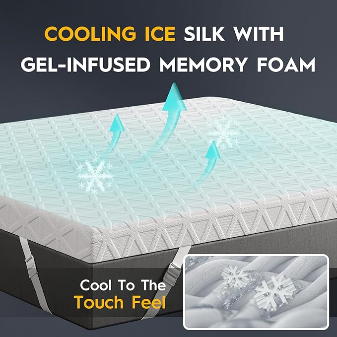 ELEMUSE 2 Inch Gel Memory Foam Mattress Topper Twin XL- Cooling Ice Silk Removable & Washable Cover, Mattress Topper for Dorm Room Essentials, Adjustable Strap & Non-Slip, CertiPUR-US Certified