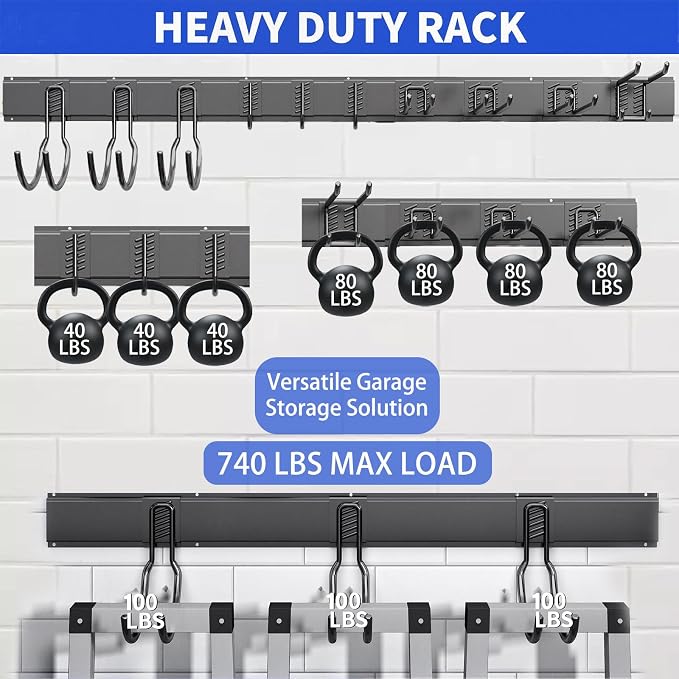 Shed Tool Organizer Wall Mount, 64inch Heavy Duty Garden Tool organizer Storage System, Easy Install With 10 Adjustable Hooks, For Garage, Basement, Shed, Workshop(Black) - Image 3