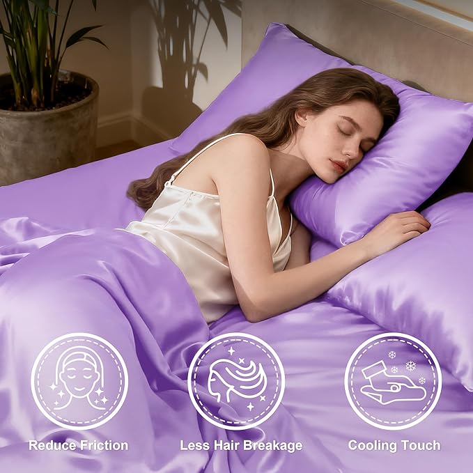 Love's cabin Satin King Sheet Sets - 4 Piece Lavender Silky Sheets King Size Bed with Deep Pocket, Luxury Silk Feel King Size Satin Sheet Set (1 Flat Sheet,1 Fitted Sheet,2 Pillow Cases)