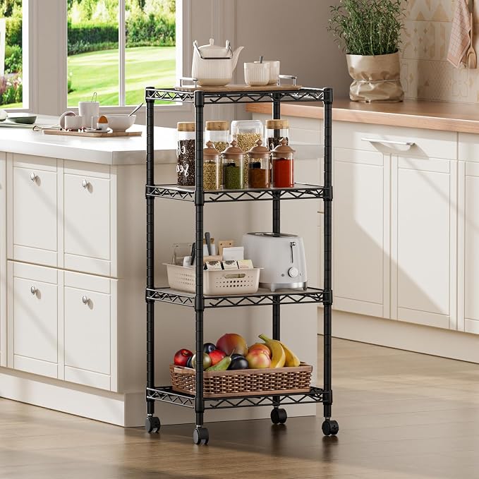 SINGAYE 4 Small Shelves Storage Shelf Wire Shelving Unit Metal Shelf Adjustable Organizers Storage Shelving with Wheels for Bathroom Laundry Room Kitchen Pantry11.5”D x 17.3”W x 44.5”H Black - Image 8