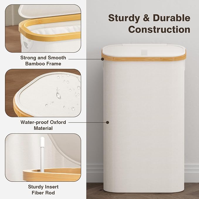 Bathola 75L Slim Laundry Hamper with Lid, Dirty Clothes Hampers for Laundry, Collapsible Laundry Baskets for Small Spaces, Bedroom, Bathroom, Laundry Room, Beige - Image 6