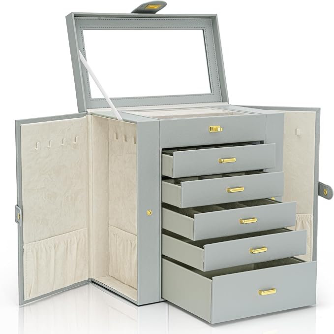 AKOZLIN Extra Large 6-Tier Jewelry Box Organizer Functional Huge, 5 Drawers Leather Jewelry Storage Case for Women Girls Ring Necklace Earring Bracelet Holder Organizer with Mirror Grey - Image 8