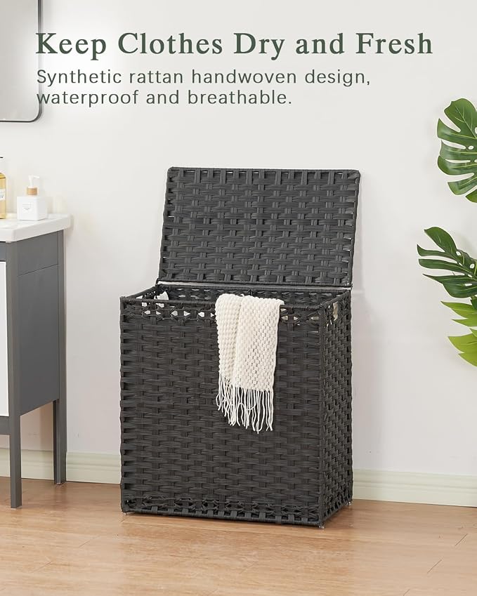 SETVSON Laundry Hamper with Lid Wicker Laundry Basket 112 L (29.6 Gal) Laundry Hampers Handwoven Rattan Clothes Hamper with Handles 3 Removable Liner Bag, 6 Mesh Bags for Bathroom Bedroom Black - Image 2