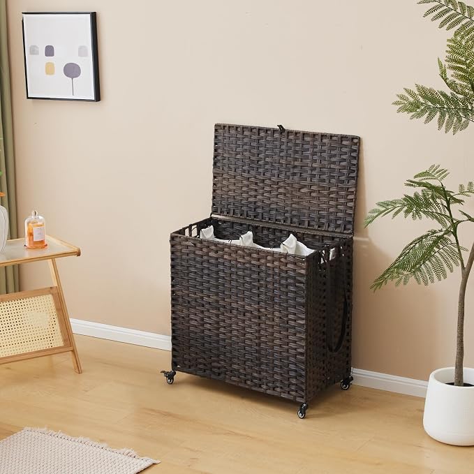Laundry Hamper with Wheels, 39.6 Gallon(150L) Rolling Laundry Basket with Lid, 3-Section Rattan Clothes Hamper with 3 Removable Liner & 3 Mesh Bags, Laundry Sorter with Side Pocket, Brown - Image 3