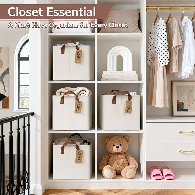 CHICVITA 4 Pack Large Storage Baskets for Shelves, Collapsible Closet Organizer Bins with Metal Frame, Fabric Storage Bins for Clothes Towels Organization, 16.8" x 11" x 9.8", Beige - Image 2