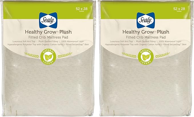 Sealy Baby Healthy Grow Plush Fitted Waterproof Infant Crib Mattress Protector Pad and Toddler Bed Cover, Organic Cotton and PolyBlend Top, Machine Washable and Dryer Friendly, 52” x 28”- White