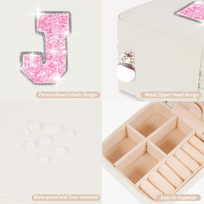 Uygafly Travel Jewelry Case - Personalized Jewelry Box for Women,Small Jewelry Organizer Cute Jewelry Organizers and Storage Aesthetic,Travel Essentials Birthday Gifts for Girls Women | Cream,J - Image 4