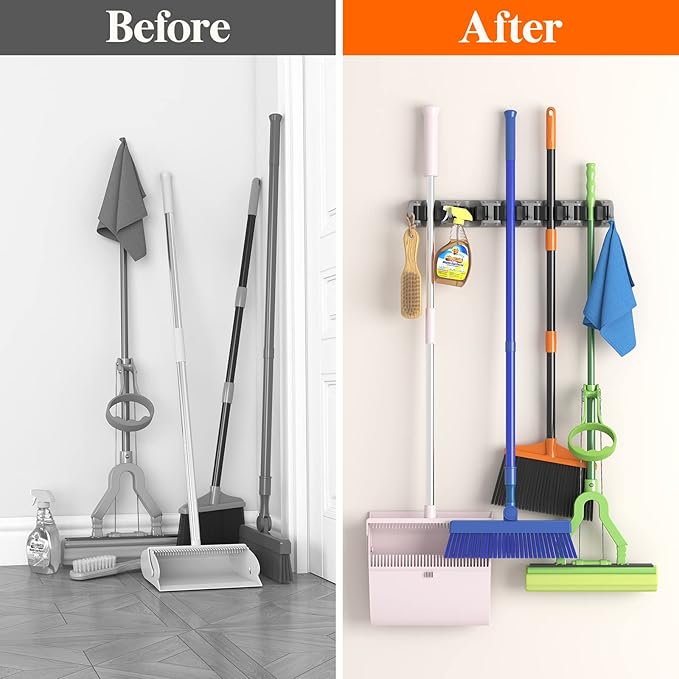Lifewit Mop and Broom Holder Wall Mount, Anti-Slip Broom Hanger for Cleaning Supplies Organizer, Easy Install Tool Hanging Rack for Closet, Kitchen, Garage, 5 Slot 6 Hooks, Hold 30lbs, Gray, 1 Pack - Image 5