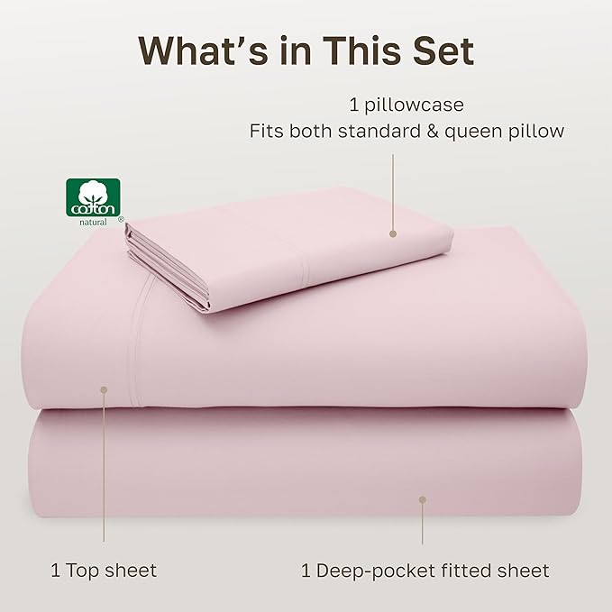California Design Den Twin Bed Sheets Cotton, 100% Cotton Sheet Set - 600 Thread Count Sateen with Deep Pockets (Blush Pink)