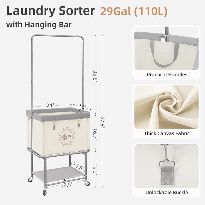 STORAGE MANIAC Rolling Laundry Cart with Hanging Bar & Storage Shelf, 110L Heavy Duty Large Laundry Basket with Clothes Hanging Rod, Study Clothes Hamper with Lockable Wheels, Beige - Image 4