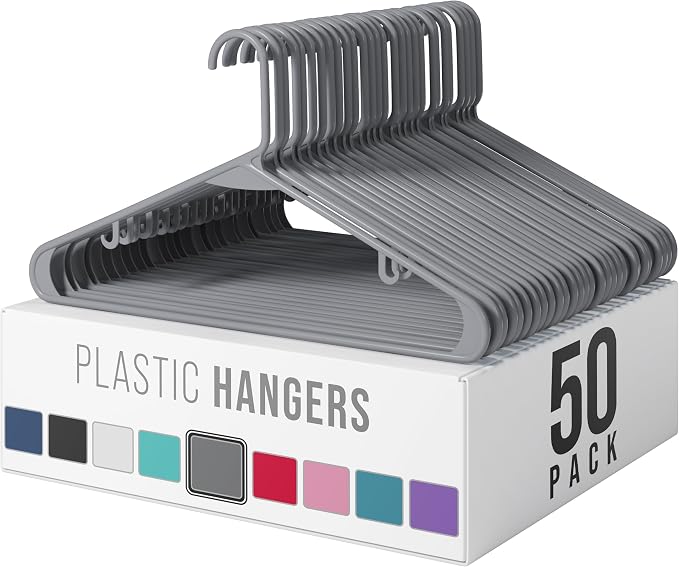 Plastic Hangers 50 Pack Grey - Clothes Hangers - Makes The Perfect Coat Hanger and General Space Saving Hangers for Closet and New Apartment Essentials - Percheros Ganchos para Colgar Ropa Hangars by Neaterize