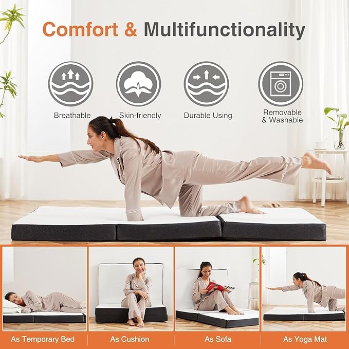 Folding Mattress, 4 inch Tri-fold Memory Foam Mattress Topper for Camping, Foldable Mattress Topper with Washable Cover, Guest - Twin Size, Grey