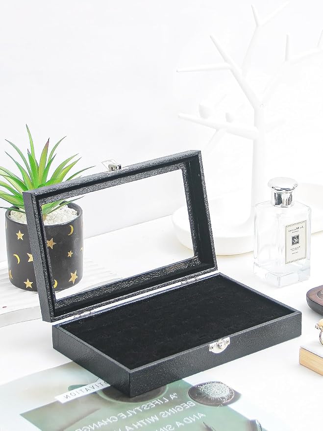 Ring Holder Organizer Box,Jewelry Ring Display Case, Earring Necklace Storage Tray With Top Glass Lid (Black, 30 Slots Ring) - Image 5