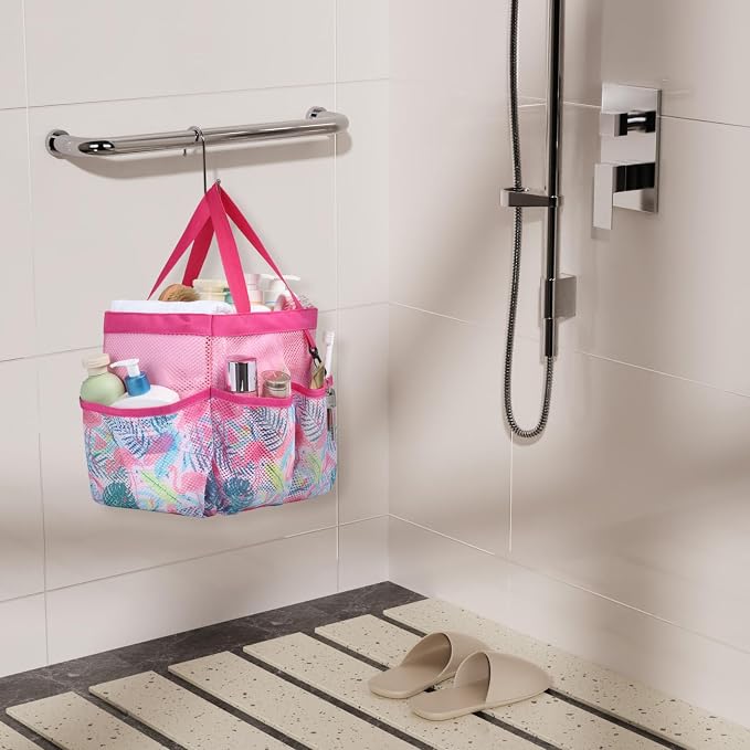F-color Shower Caddy Portable - Mesh Shower Bag Basket Tote for College Dorm Room Essentials Bathroom Gym Camp Quick Dry for Women Men with S Hook, Pink Flamingo - Image 6