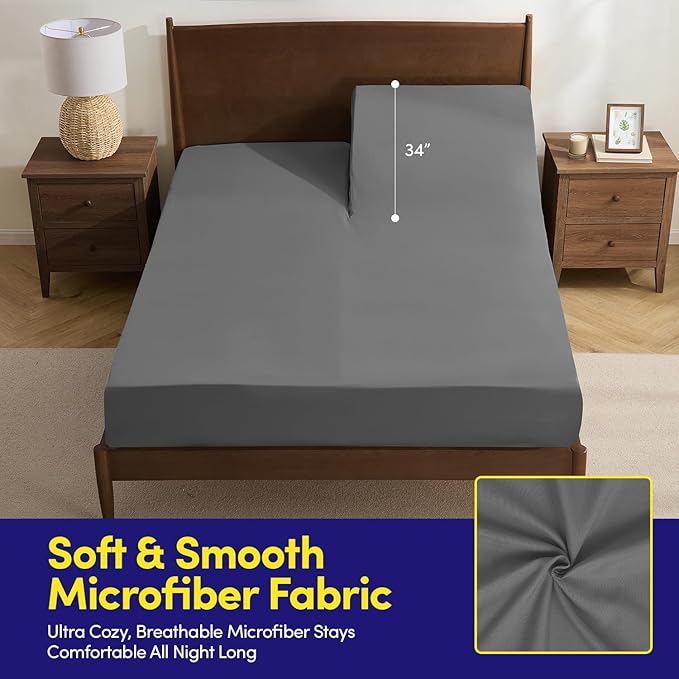 Split Head King Sheets Set for Adjustable Beds 4 Piece Flex Top Bed Sheets – Deep Pocket Split Top Fitted Sheet with Built-in Corner Straps, Luxury Soft Cooling Bedding, Wrinkle Resistant, Gray