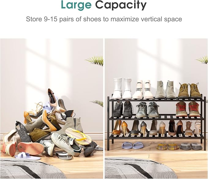 viewcare 3-Tier Long Black Shoe Rack, Bamboo Wood Shoe Rack for Closet, Entryway & Hallway, Stackable | Functional | Sturdy - Image 4