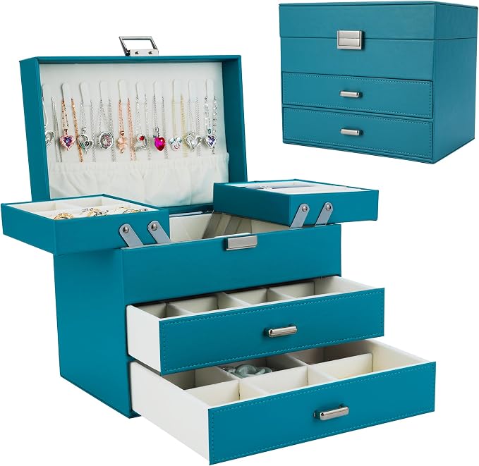 Dajasan Jewelry Box Organizer, Jewelry Holder Organizer Box, 4 Layers Leather Jewelry Storage Box, Gift Idea for Women, Girlfriends, Wife or Mother (Blue) by DAJASAN