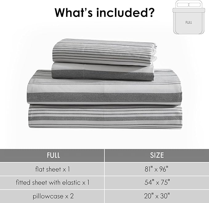 ClevaHome Classic Stripe Sheet Set - 4 Pieces Super Soft & Breathable Bed Sheet Set with Deep Pocket, Enhanced Comfort & Easy Care (Full, Stone Stripe)