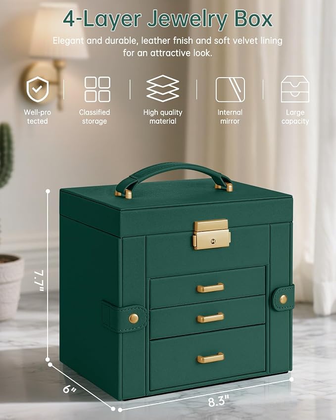 AKOZLIN 4-Tier Jewelry Box Leather Jewelry Storage Organizer with 3 Drawers Lockable for Women Girls Ring Necklace Earring Bracelet Holder with Mirror Forest Green - Image 8