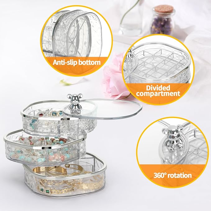 LETURE 3-Layers Rotatable Jewelry Organizer Storage Box, Clear Ripple Jewelry Holder Case for Ring Earring Necklaces Bracelets Makeup Hair Accessories, Small Rotating Jewelry Tray for Women (Clear) - Image 6