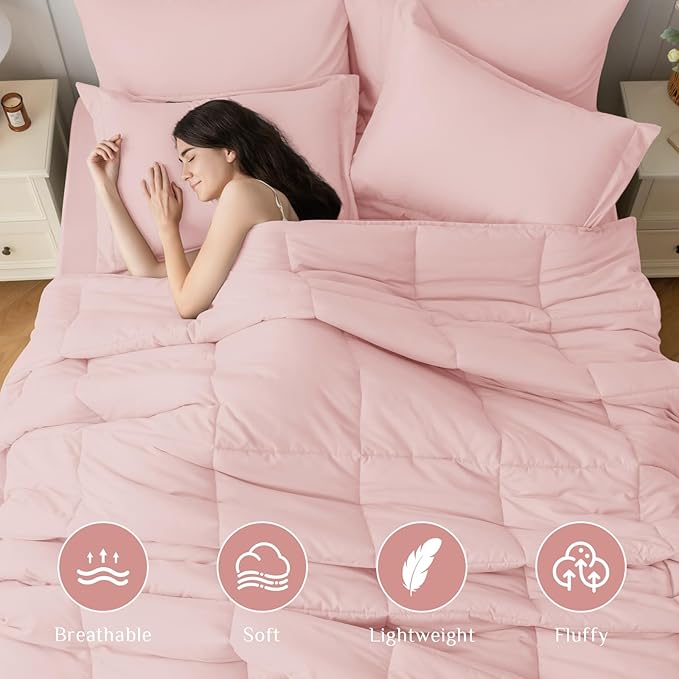 JOLLYVOGUE California King Comforter Set, Ultra-Soft Bed in a Bag Cal King Size 7 Pieces, Oeko-TEX Certified Bedding Set with Down Alternative Comforter, Sheets, Pillowcases & Shams, Blush Pink
