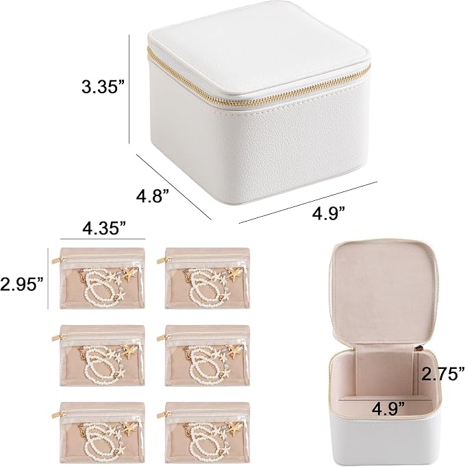 Frebeauty Small Travel Jewelry Box,Travel Jewelry Case with 6 Pouch Bags,Portable Travel Jewelry Organizer,Mini Jewelry Storage,3.35 x 4.9 x 4.8 Inches,Gift Idea for Women Girls (White) - Image 3