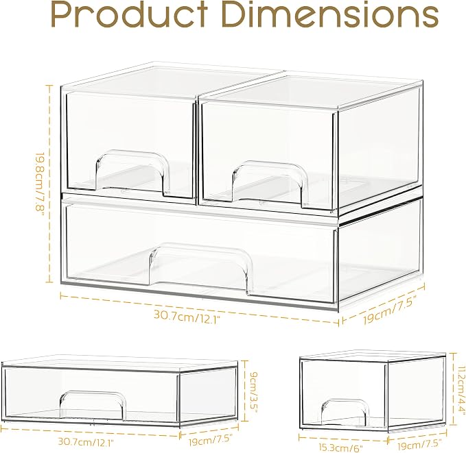 Criusia Stackable Storage Drawers, 3 Pack Clear Acrylic Makeup & Bathroom Organizer, Versatile Storage Bins for Vanity, Under Sink, Kitchen Cabinets & Pantry - Image 2