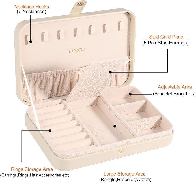 LANDICI Small Jewelry Box for Women Girls, PU Leather Travel Jewelry Case, Portable Jewelry Organizer Storage Holder Display for Ring Earrings Necklace Bracelet Brooch Men Kids Gift, Apricot - Image 3