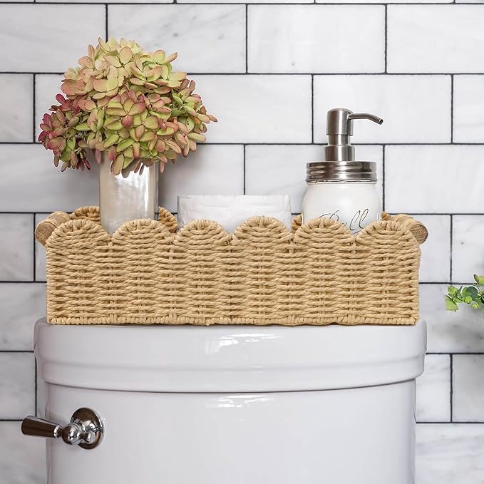 CubesLand Toilet Paper Storage Organizer Basket, Scalloped Decorative Baskets for Over Toilet Shelves, Wicker Small Basket Perfect for Home Countertop Storage & Decor, Living Room Shelf Decor, Beige - Image 2