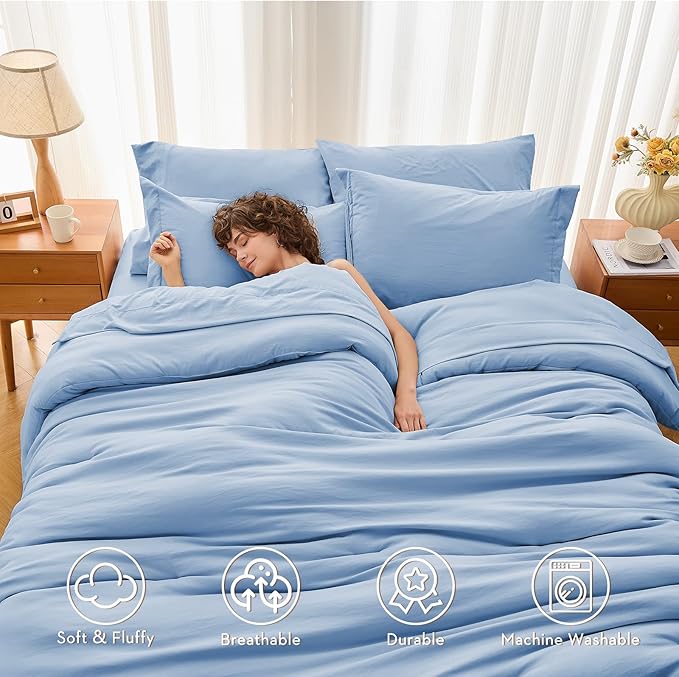 MUXHOMO 5 Pieces Twin Comforter Set, Soft Bed in a Bag Twin Size, All Season Bedding Set with Comforter, Flat Sheet, Fitted Sheet, Pillowcases & Shams, Greyish Blue