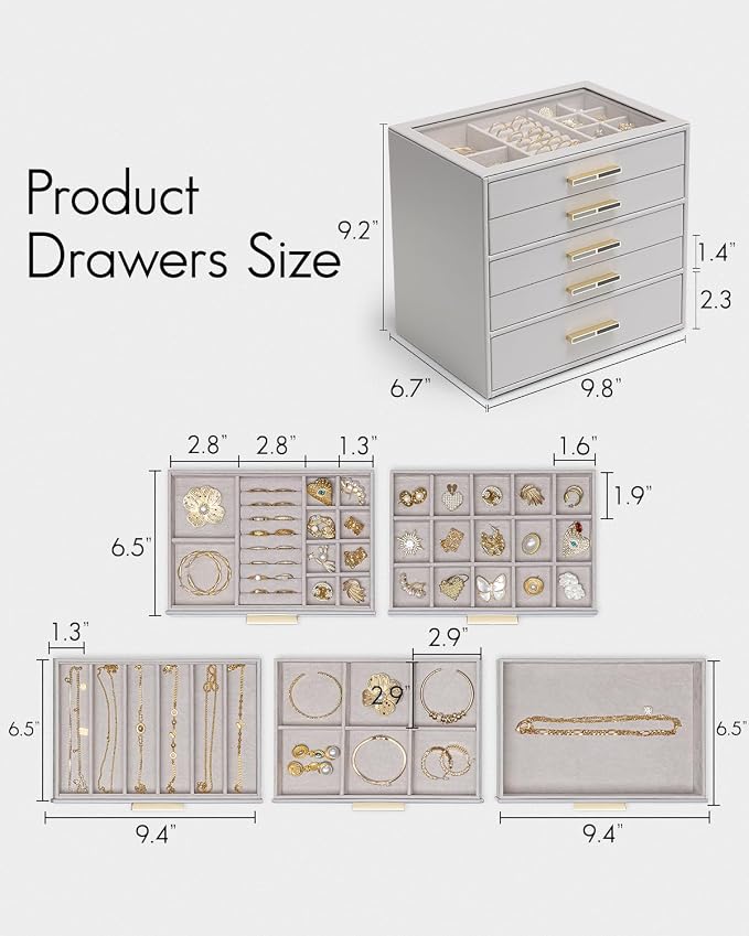 VLANDO 5 Layer Jewelry Box for Women, Glass Lid Jewelry Organizer with 5 Drawers for Necklaces Rings Earrings Bracelets - Grey - Image 6