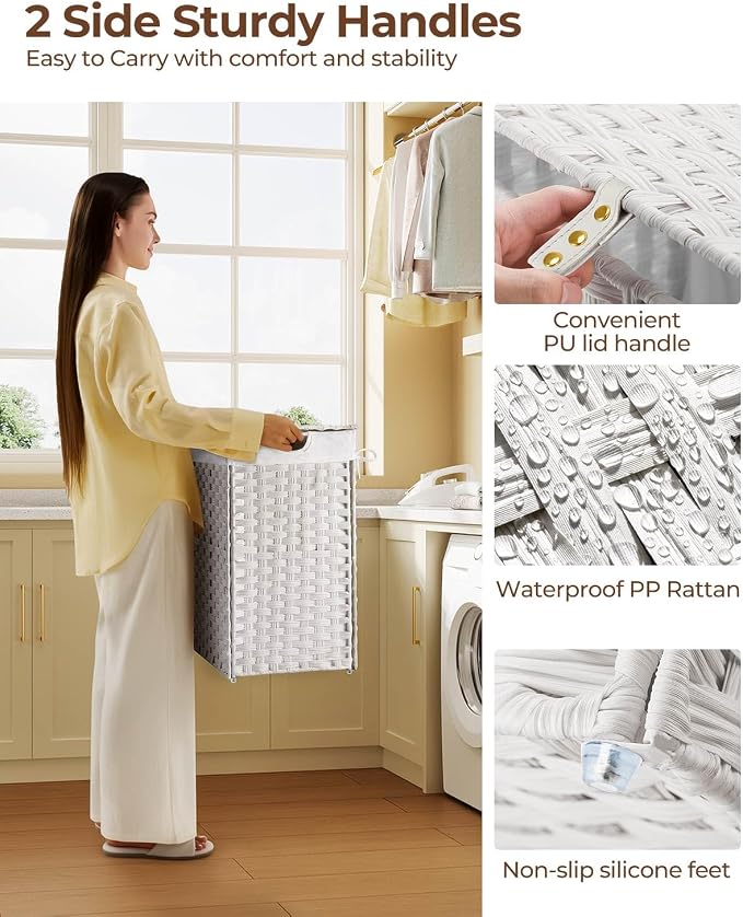 Greenstell Laundry Hamper with lid, No Install Needed, 110L Wicker Laundry Baskets Foldable 2 Removable Liner Bags, 2 Section Clothes Hamper Handwoven Rattan Laundry Basket with Handles, White - Image 4