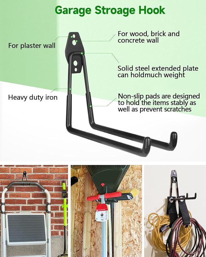 PIYILO Garden Tool Organizer 48 in with 18 Garage Hooks, Heavy Duty Garage Wall Hooks for Hanging Ladder, Bike, Tool Storage Rack for Yard Tools, Shovel, Shed (23 Pack) - Image 6