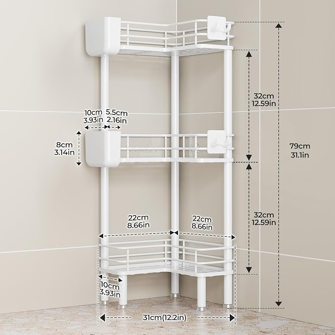 Orimade Rustproof 3 Tier Floor Standing Corner Shower Caddy Organizer with Toothbrush Holder, Large Spacing Floor Shower Shelf Rack Storage Stands with Hooks for Bathroom Kitchen, White - Image 2