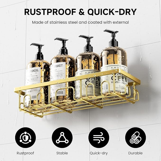 Shower Caddy, 5 Pack Shower Shelves for Inside Bathroom, Rustproof Adhesive Bathroom Organizer with Soap Holder, No Drilling Washroom Organizers and Storage for Bathtub Room/Kitchen/Home, Gold - Image 3