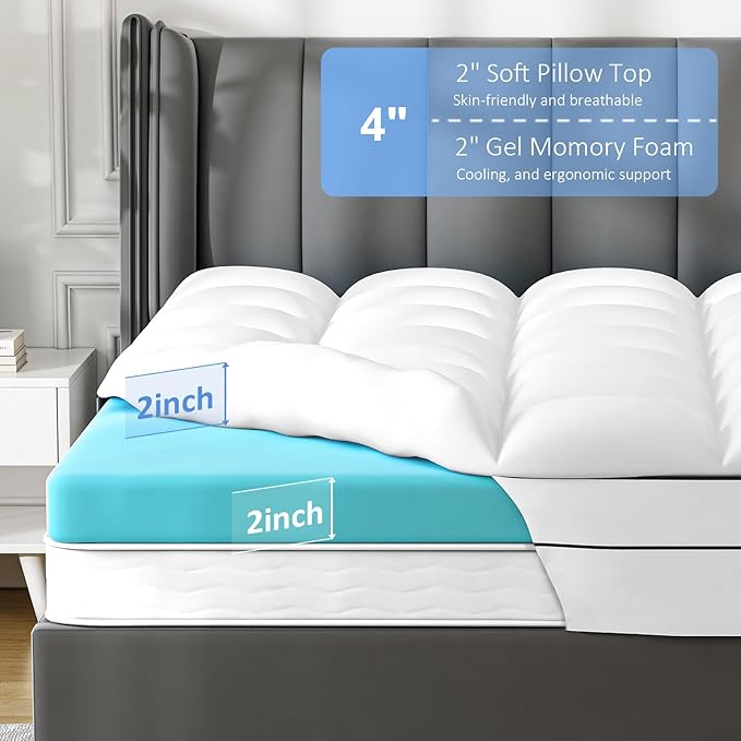 4 Inch Queen Mattress Topper Dual Layer, 2 Inch Gel Memory Foam Plus 2 Inch Cooling Pillow Top Mattress Pad Cover for Back Pain, with 8-21 Inch Deep Pocket