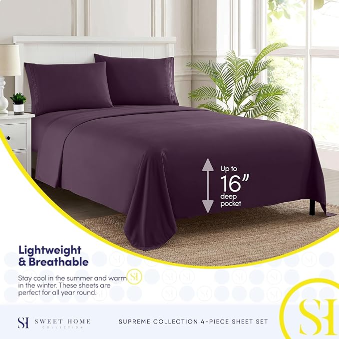 Twin XL Sheets - Breathable Luxury Sheets with Full Elastic & Secure Corner Straps Built In - 1800 Supreme Collection Extra Soft Deep Pocket Bedding Set, Sheet Set, Twin XL, Purple