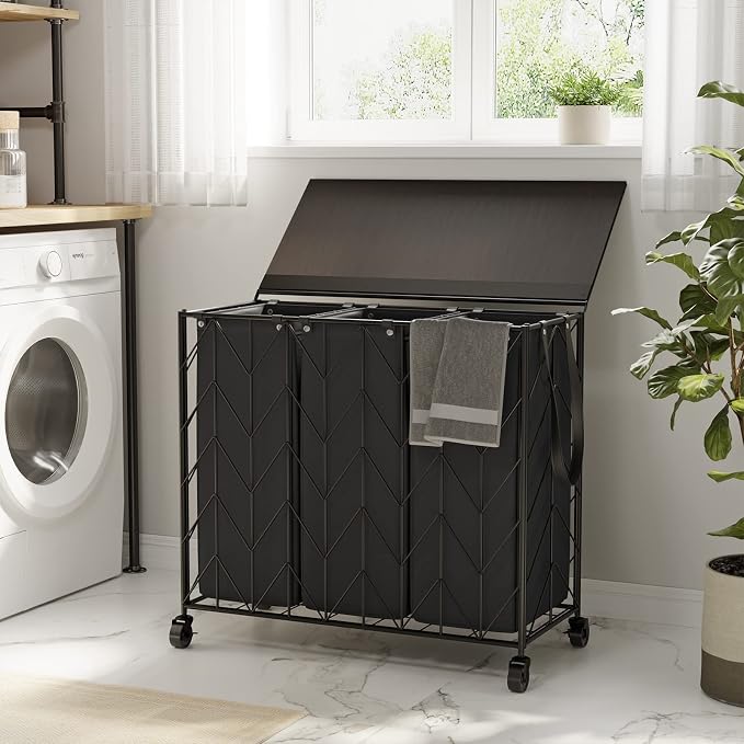 WOWLIVE Laundry Basket with Wheels, 142L Hamper 3 Section with Lid, Dirty Clothes Hamper with Removable Bags, Large Capacity Iron-Made Organizer Laundry Sorter for Dorm, Black - Image 2