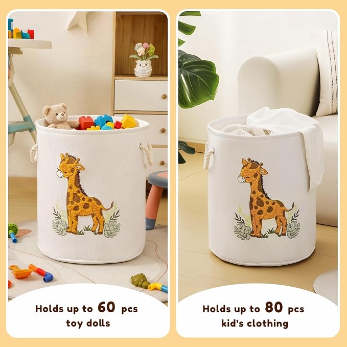 Kids Laundry Basket Baby Hamper for Nursery, Canvas 58L Large Dirty Clothes Hampers with Drawstring Closure, Jungle Theme Baby Basket, Animal Baskets Toy Laundry Hamper, Safari Nursery Decor, Giraffe - Image 3