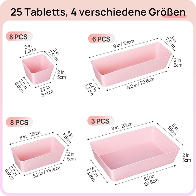 Vtopmart 25 PCS Plastic Drawer Organizers Set, 4-Size Versatile Bathroom and Vanity Drawer Organizer Trays, Storage Bins for Makeup, Bedroom, Kitchen Gadgets Utensils and Office - Image 2