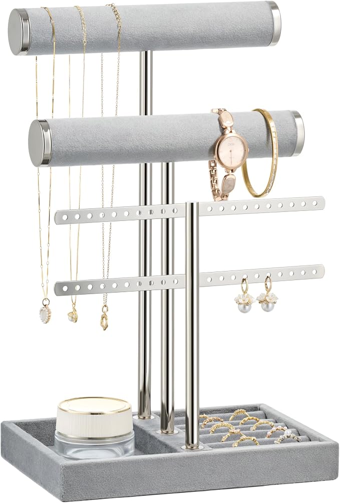 bussdis 3 Tier Bracelet Holder Display - Detachable T Bar Grey Velvet Bracelet Holder, Jewelry Holder Organizer for Bracelet, Necklace, Earrings, Rings by BUSSDIS