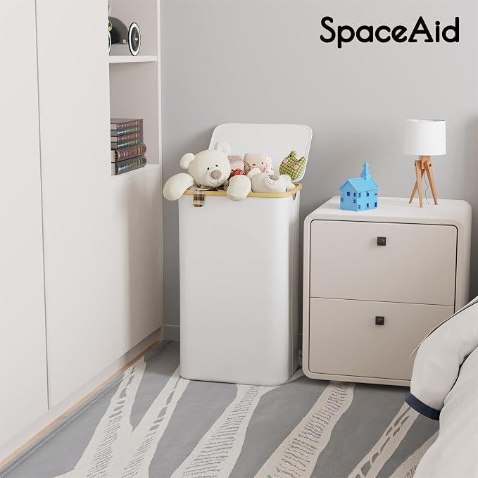 SpaceAid Laundry Hamper with Lid, 110L Large Tall Clothes Basket Bin with Bamboo Handles, Collapsible Laundry Hamper for Bedroom, Bathroom, Dorm, Laundry Room - White - Image 2