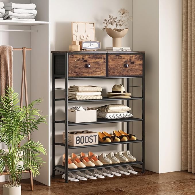 INGIORDAR Shoe Rack Organizer 5 Tier Metal Organizer Shelf with Industrial MDF Board and Layer Fabric for Entryway Closet Bedroom Living Room Garage (Black+Rustic Brown, 5 Tier with 2 Drawers) - Image 2