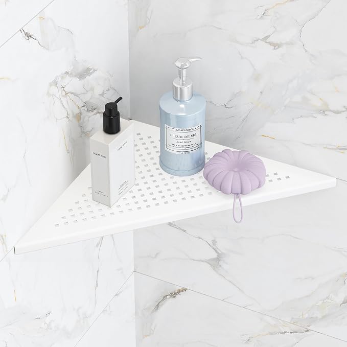 Qeke Bathroom Corner Shelf, Recessed 12" Shower Shelf Caddy, SUS304 Stainless Steel Shelf Wall Mount Triangular, No Drilling, Matte White by Qeke