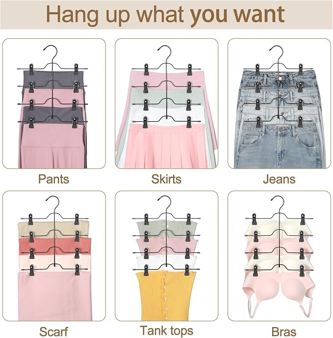 TOPIA HANGER 4 Tier Black Skirt Hangers for Women, Pants Hanger Space Saving with Adjustable Clips, Save 80% More Space, Clip Hanger for Slacks, Trousers, Shorts, Jeans, Towels, 4-Pack, CT75B - Image 6