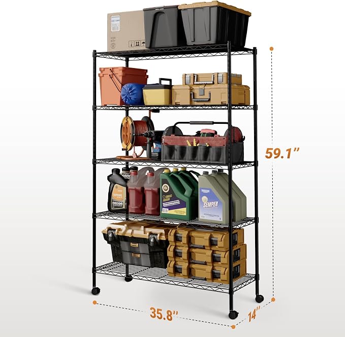 Simple Deluxe Heavy Duty 5-Tier Storage Shelving Unit, 35.83" W x 13.98" D x 61.02" H, 1250 Lbs Loading Capacity, Black - Image 3