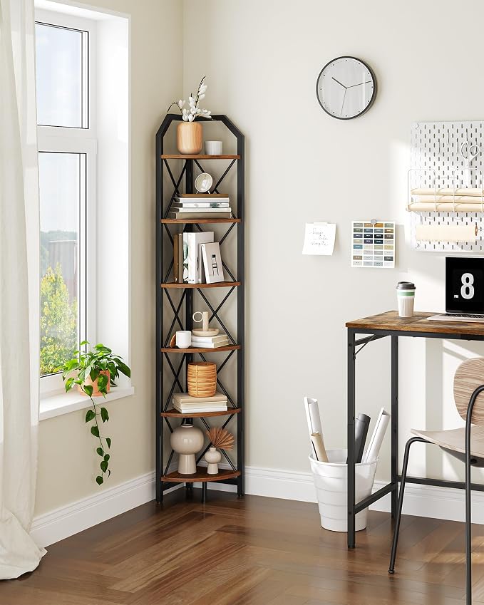 CHOEZON 6-Tier Corner Shelf, Industrial Corner Bookshelf, 71.2" Corner Storage Stand, Plant Stand Display Shelf, Corner Bookcase for Bedroom, Living Room, Home Office, Rustic Brown and Black TCJ11BF - Image 5