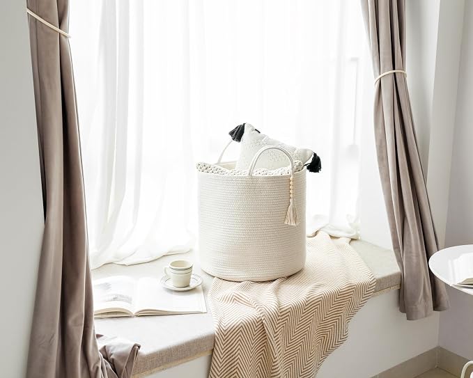 Mkono Tall Laundry Basket Woven Decorative Rope Storage Basket Wooden Bead Decoration for Blankets Toys Clothes Shoes Organizer Bin with Handles Living Room Home Decor, 15" W x 17.7" L, White - Image 3